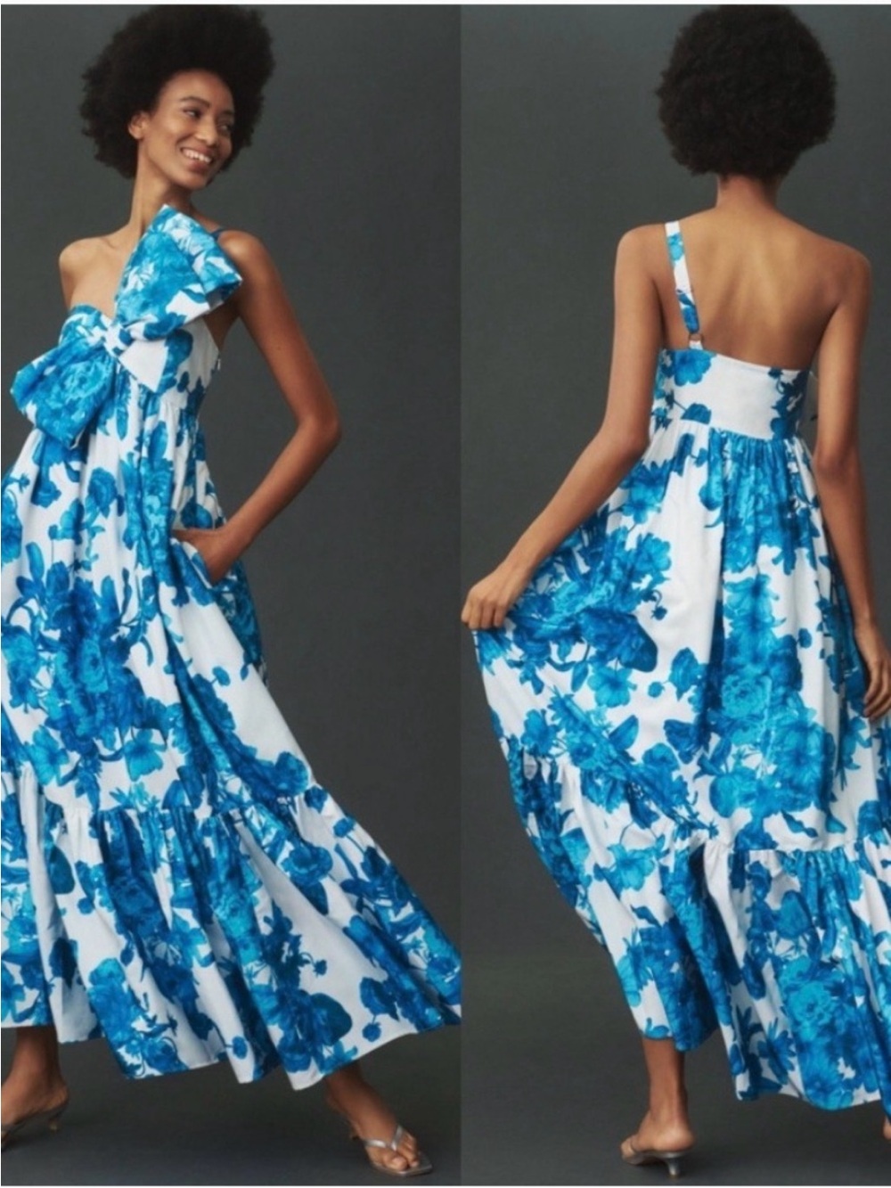 Anthropologie ATSU Blue Floral One-Shoulder Maxi Dress with Bow